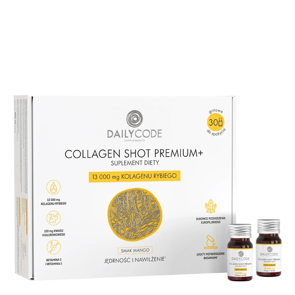 Collagen Shot Premium+, 13 000 mg kolagenu rybiego, 30 szt., smak mango