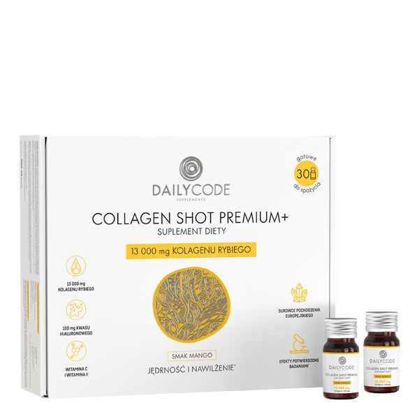 Collagen Shot Premium+, 13 000 mg kolagenu rybiego, 30 szt., smak mango