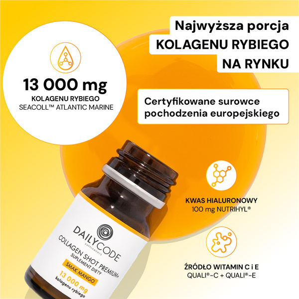 Collagen Shot Premium+, 13 000 mg kolagenu rybiego, 15 szt., smak mango